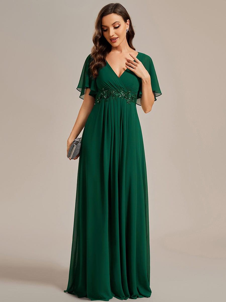 Funkelndes Abendkleid in A-Linie mit Empire-Taille und langen ?rmeln #farbe_Dunkel Gruen