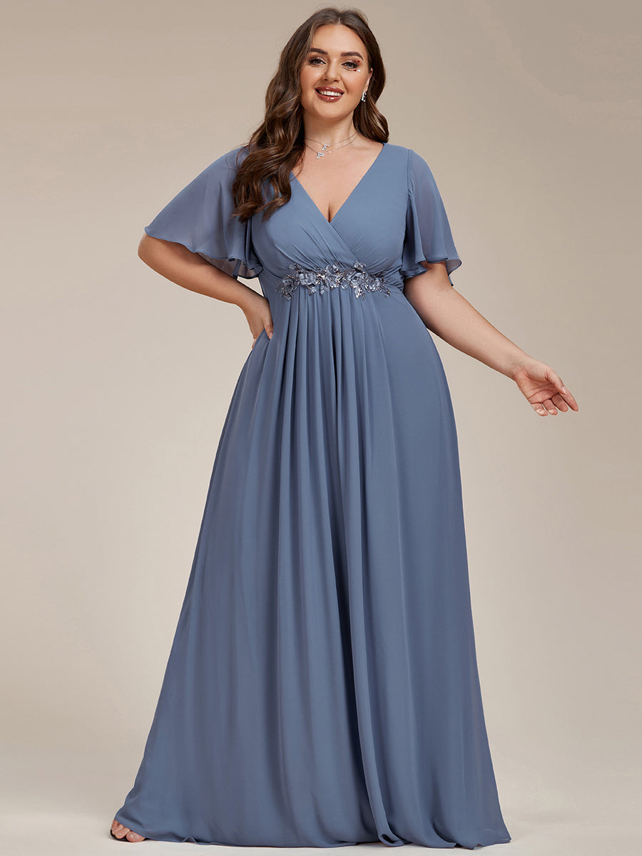 Funkelndes Abendkleid in A-Linie mit Empire-Taille und langen ?rmeln #farbe_Taubenblau