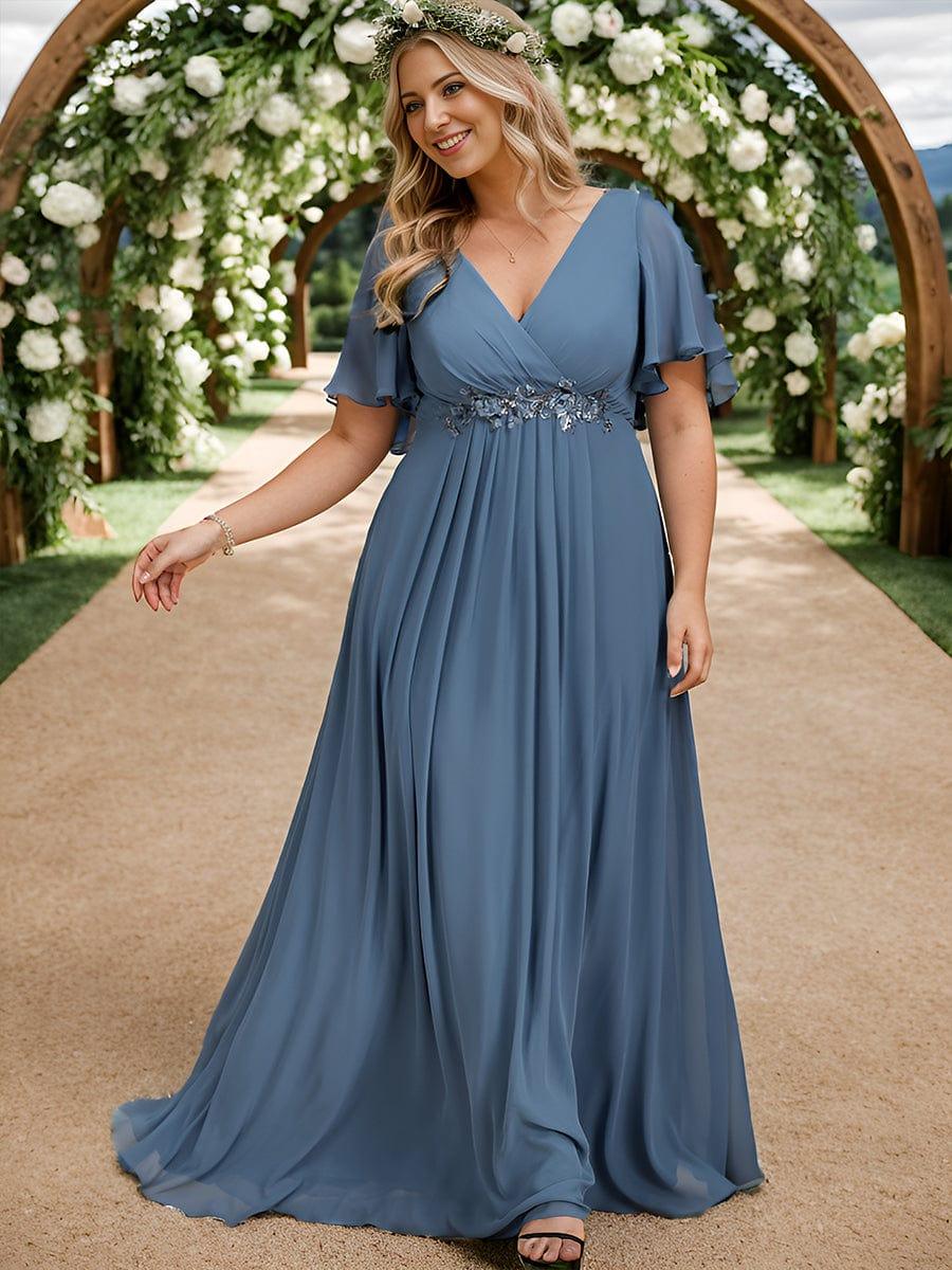 Funkelndes Abendkleid in A-Linie mit Empire-Taille und langen ?rmeln #farbe_Dusty Navy