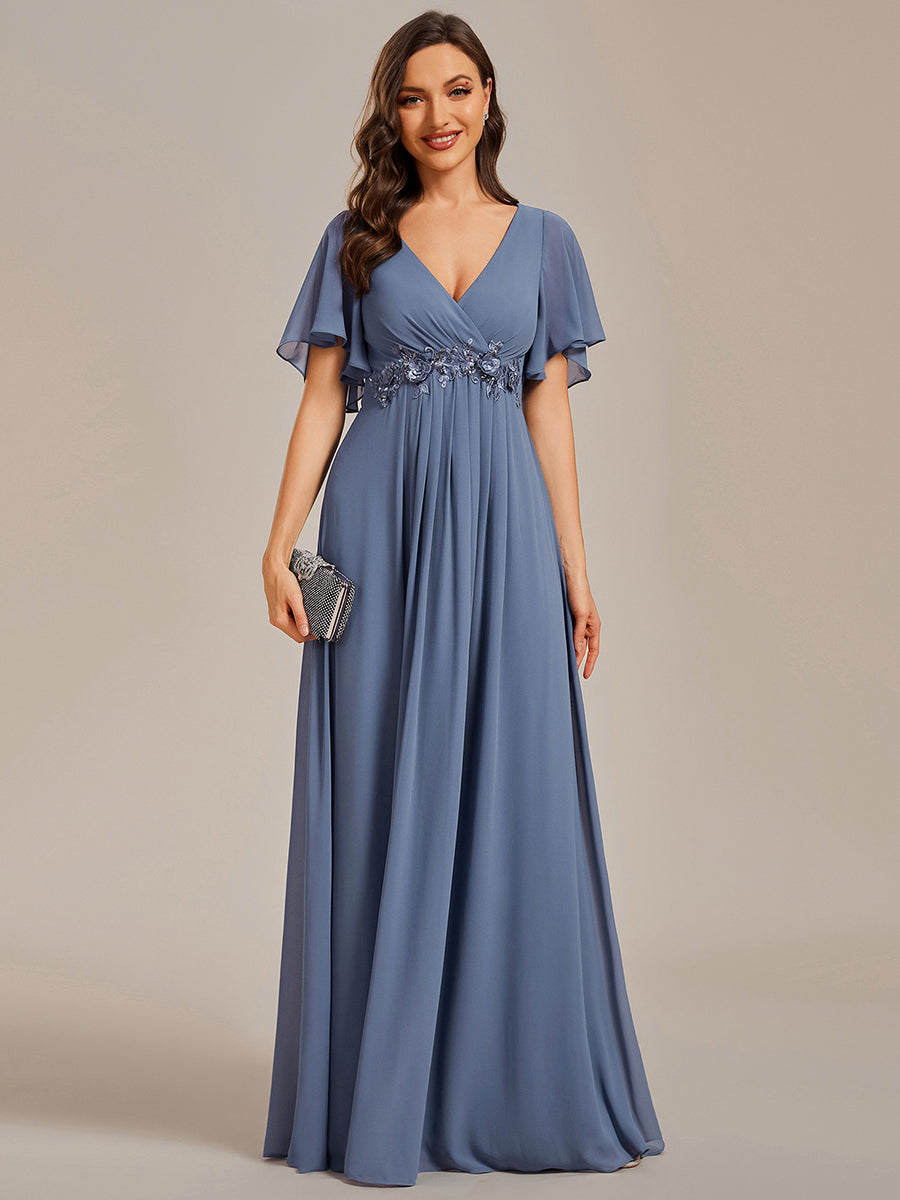 Funkelndes Abendkleid in A-Linie mit Empire-Taille und langen ?rmeln #farbe_Taubenblau