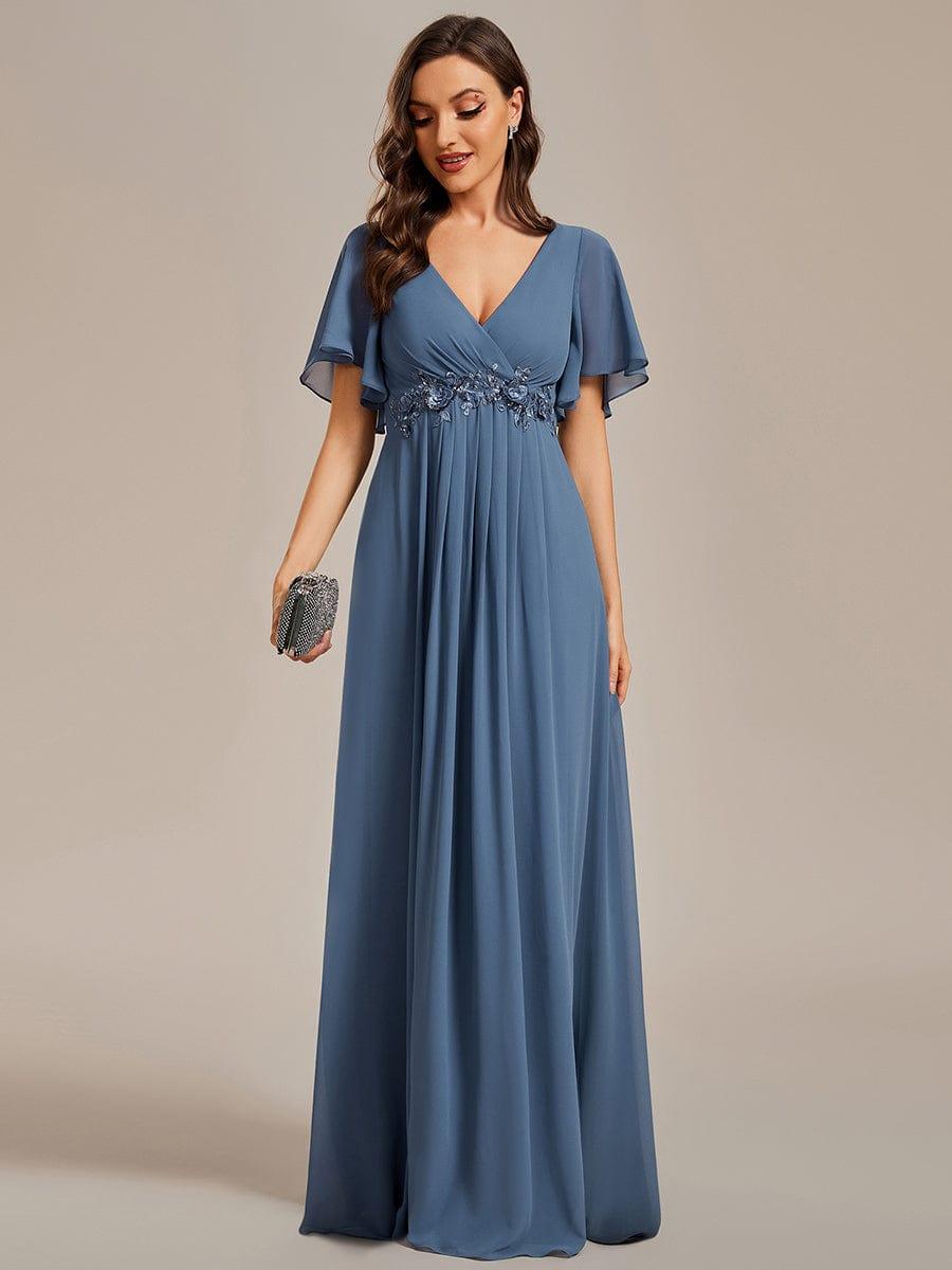 Funkelndes Abendkleid in A-Linie mit Empire-Taille und langen ?rmeln #farbe_Dusty Navy