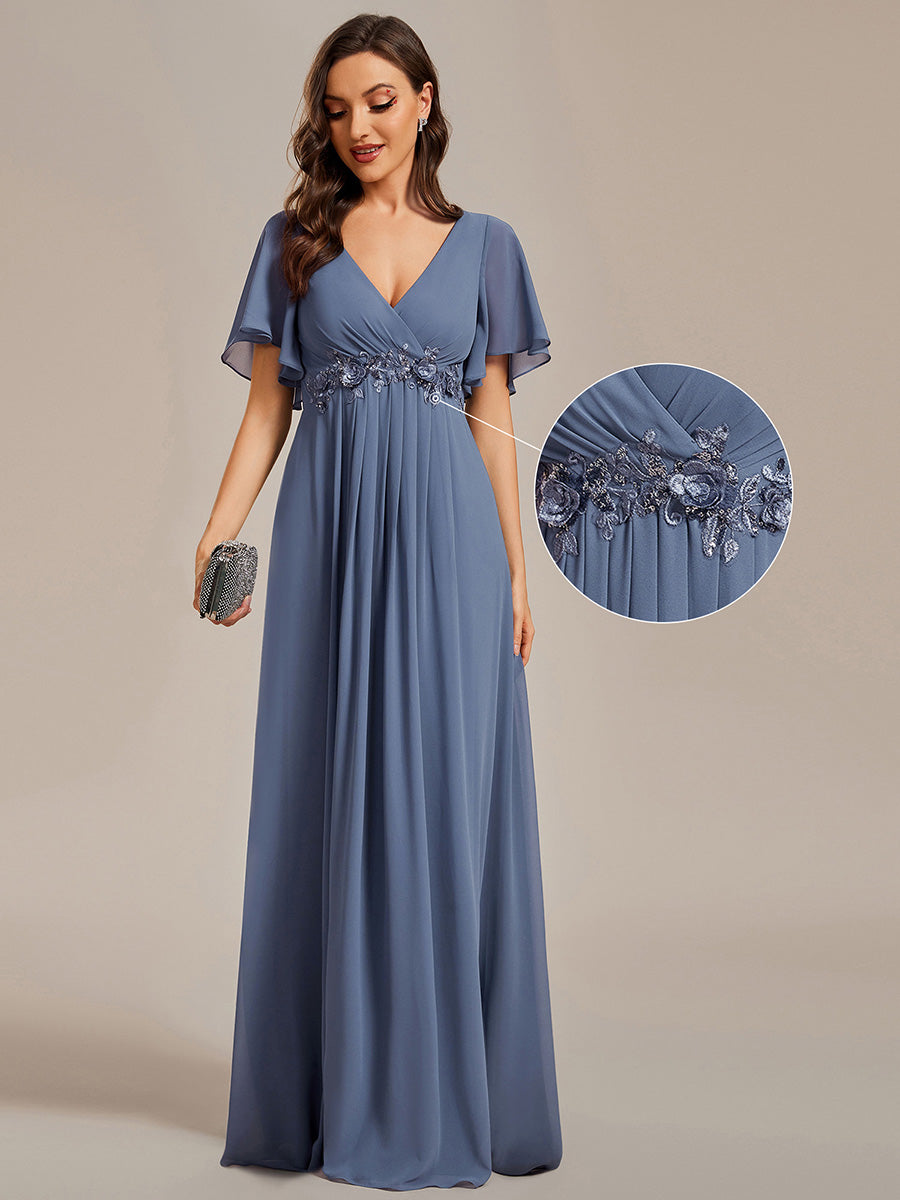 Funkelndes Abendkleid in A-Linie mit Empire-Taille und langen ?rmeln #farbe_Taubenblau