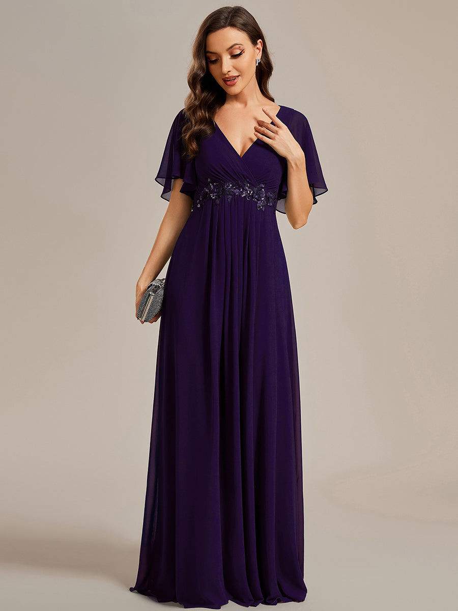 Funkelndes Abendkleid in A-Linie mit Empire-Taille und langen ?rmeln #farbe_Dunkelviolett