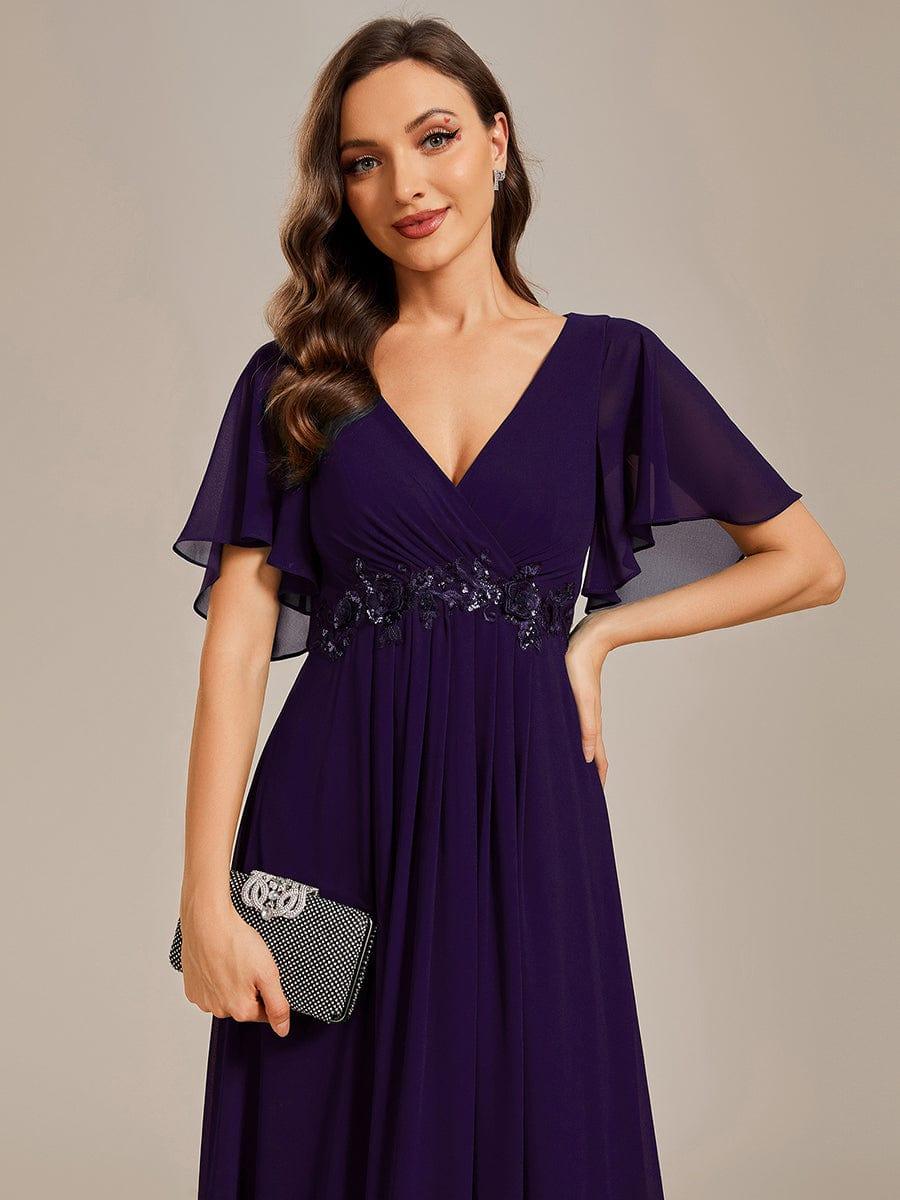Funkelndes Abendkleid in A-Linie mit Empire-Taille und langen ?rmeln #farbe_Dunkel Violett