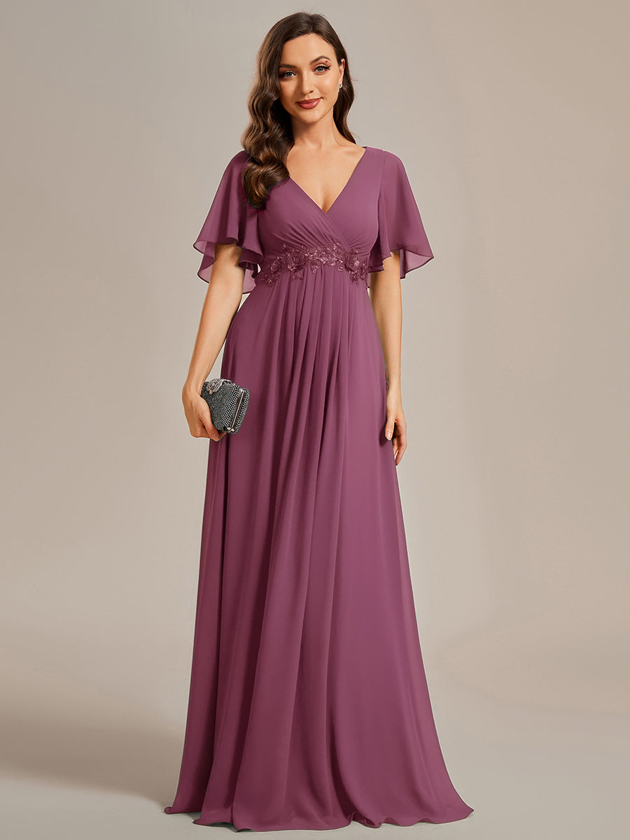 Funkelndes Abendkleid in A-Linie mit Empire-Taille und langen ?rmeln #farbe_Pflaumenviolett