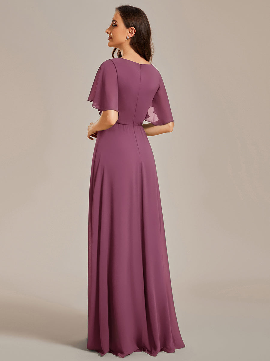 Funkelndes Abendkleid in A-Linie mit Empire-Taille und langen ?rmeln #farbe_Pflaumenviolett