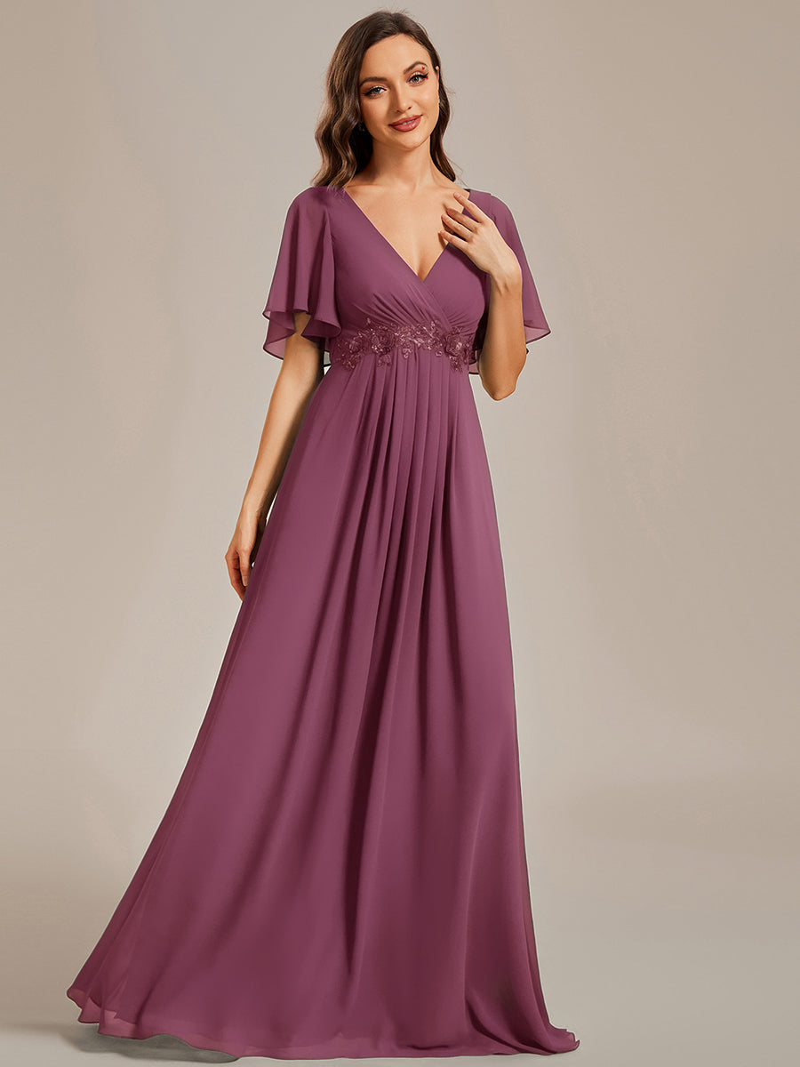 Funkelndes Abendkleid in A-Linie mit Empire-Taille und langen ?rmeln #farbe_Pflaumenviolett