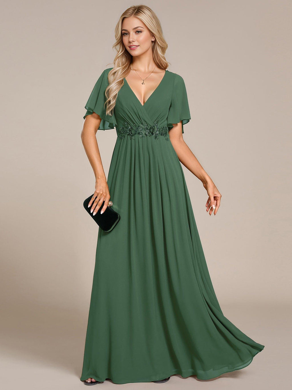 Glitzerndes A-Linien-Abendkleid mit Empire-Taille und langen Laternen?rmeln #farbe_Eukalyptus Gr¨¹n