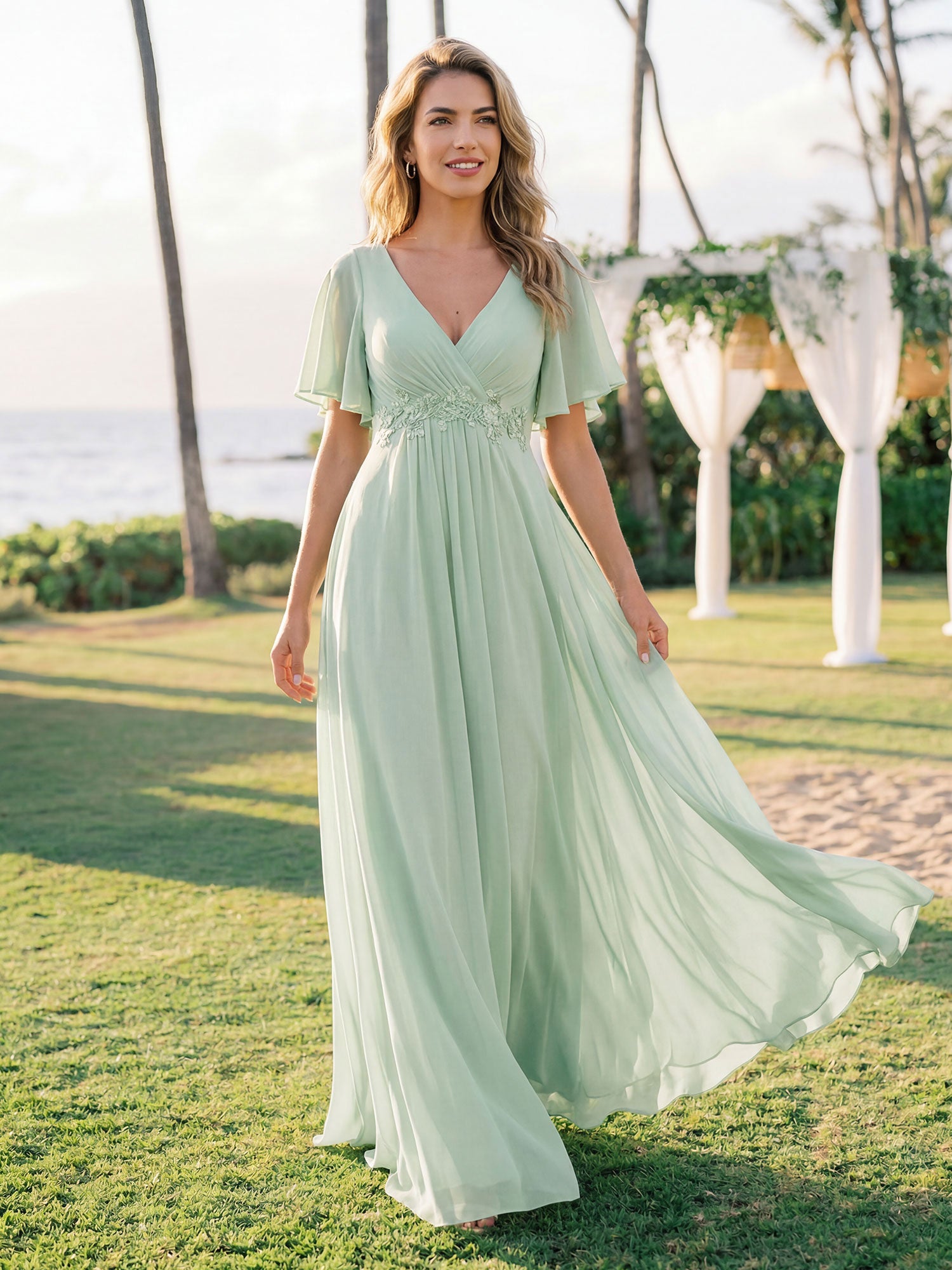 Funkelndes Abendkleid in A-Linie mit Empire-Taille und langen ?rmeln #farbe_Mintgrün