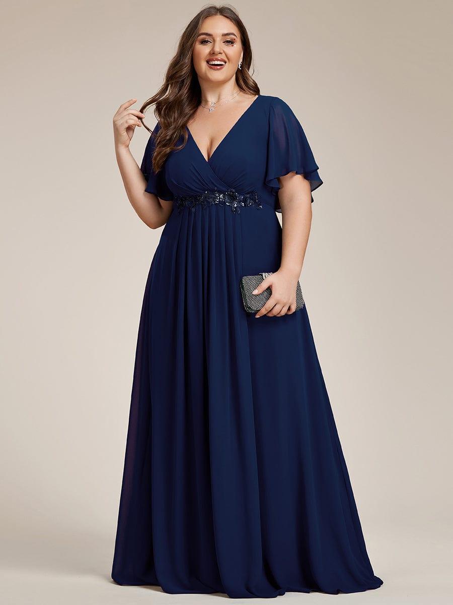 Funkelndes Abendkleid in A-Linie mit Empire-Taille und langen ?rmeln #farbe_Navy Blau