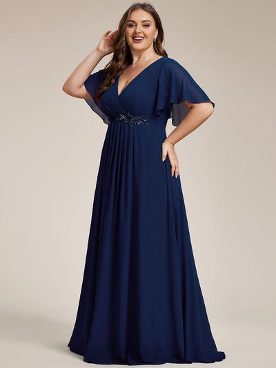 Funkelndes Abendkleid in A-Linie mit Empire-Taille und langen ?rmeln #farbe_Marineblau