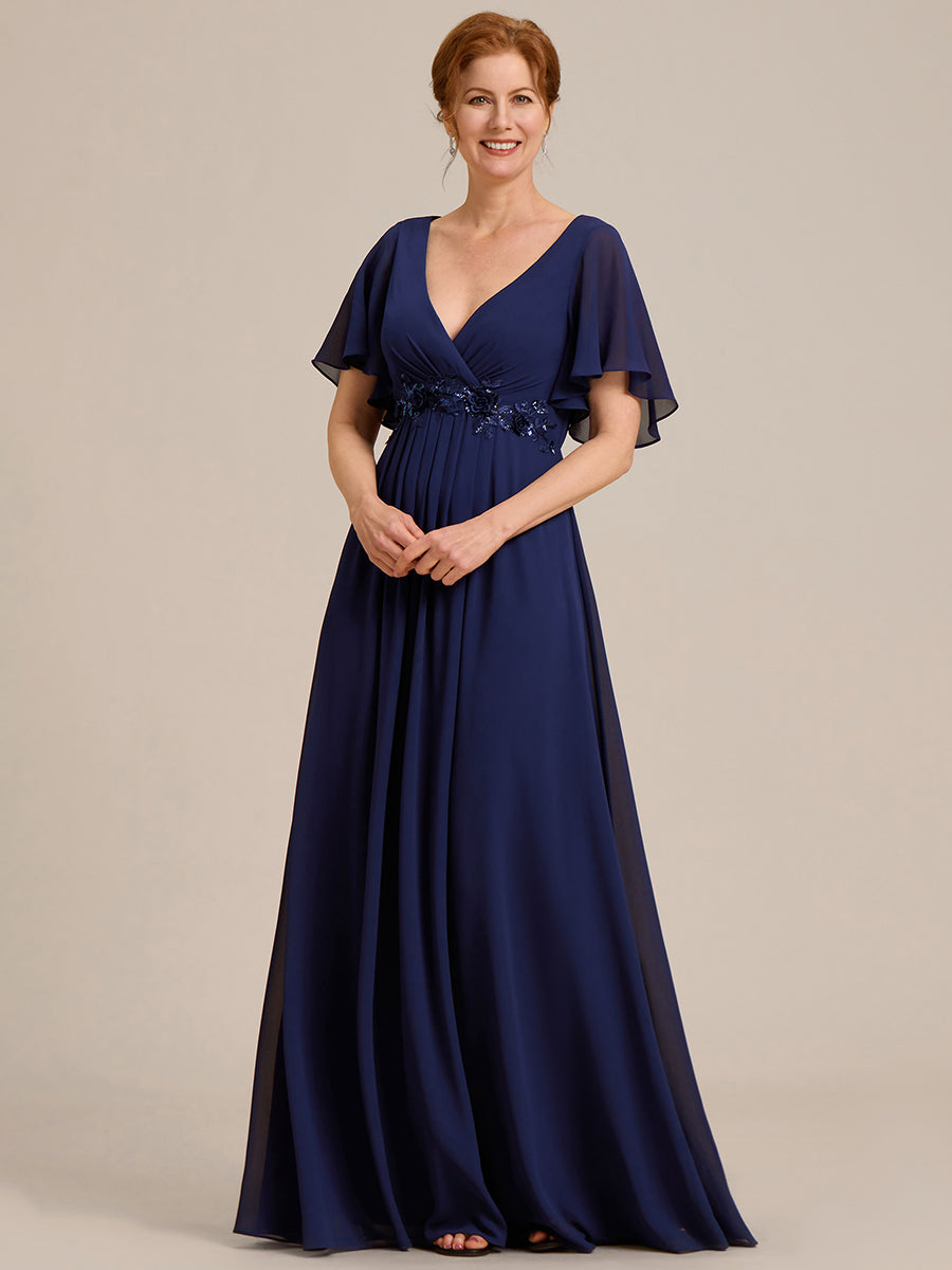 Funkelndes Abendkleid in A-Linie mit Empire-Taille und langen ?rmeln #farbe_Marineblau