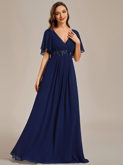 Funkelndes Abendkleid in A-Linie mit Empire-Taille und langen ?rmeln #farbe_Marineblau