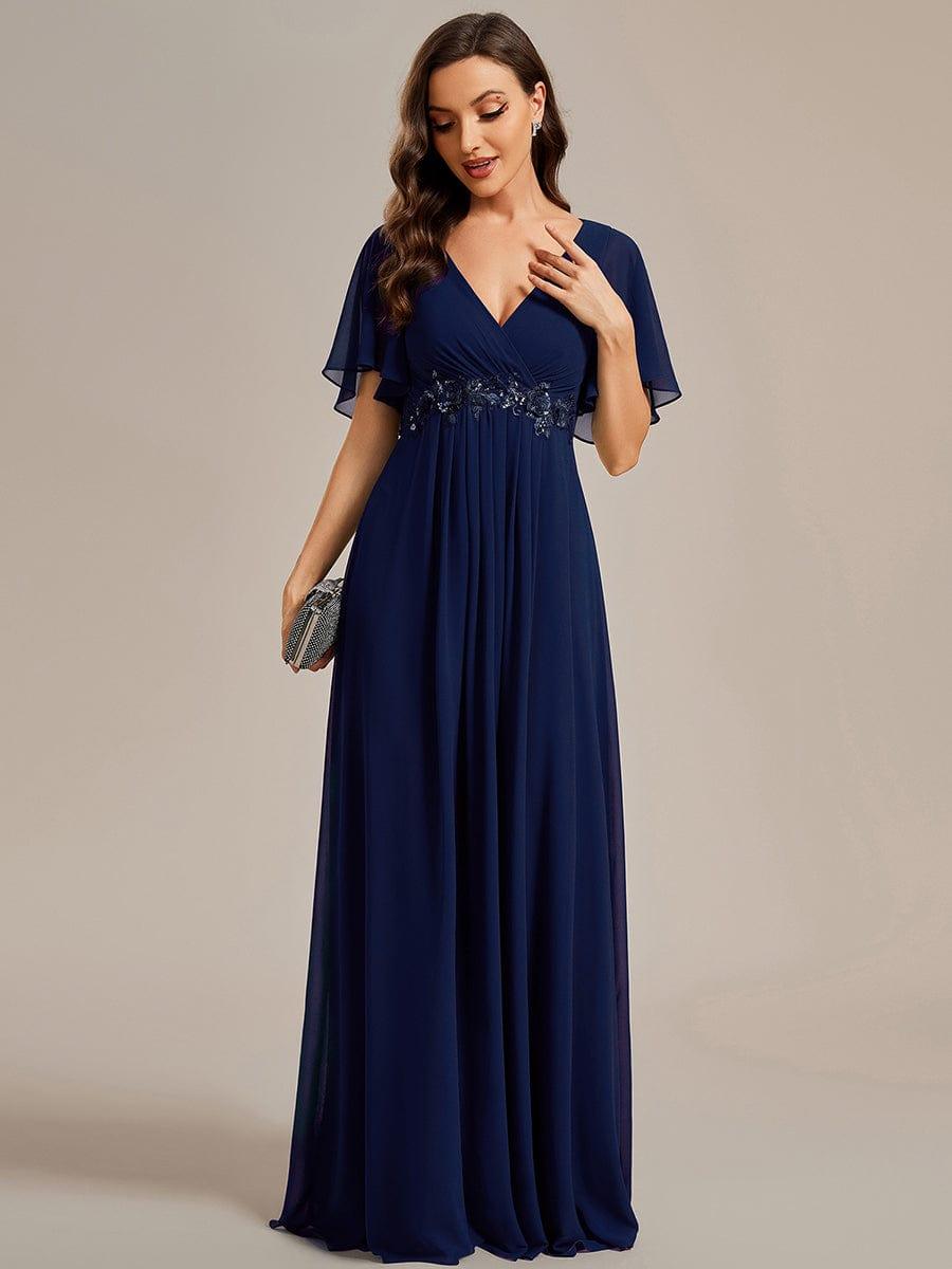 Funkelndes Abendkleid in A-Linie mit Empire-Taille und langen ?rmeln #farbe_Navy Blau