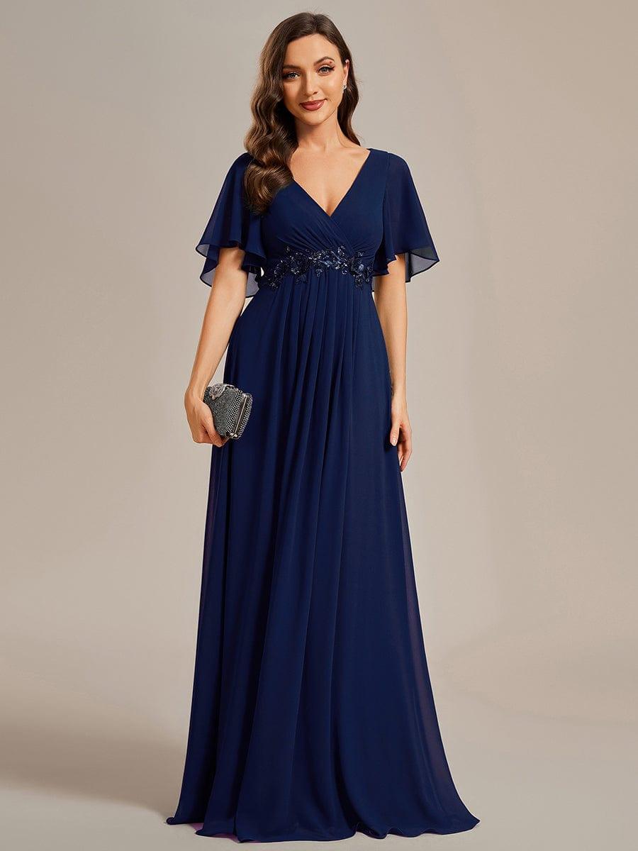 Funkelndes Abendkleid in A-Linie mit Empire-Taille und langen ?rmeln #farbe_Navy Blau