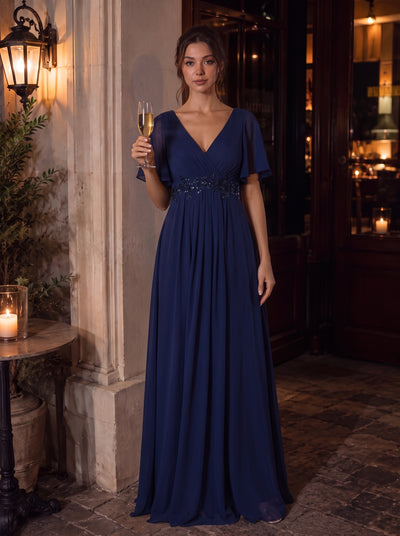 Funkelndes Abendkleid in A-Linie mit Empire-Taille und langen ?rmeln #farbe_Marineblau