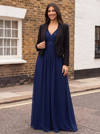 Funkelndes Abendkleid in A-Linie mit Empire-Taille und langen ?rmeln #farbe_Marineblau