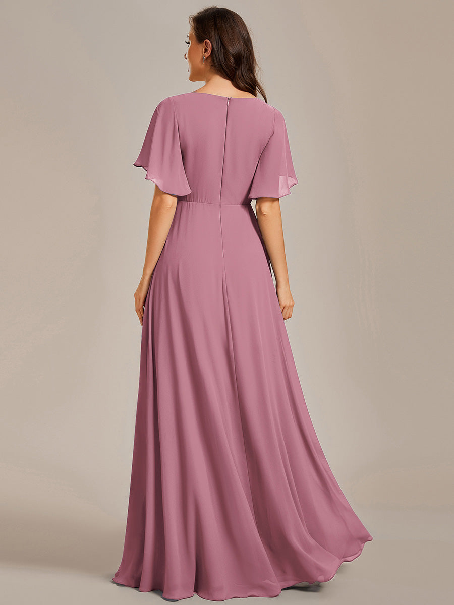 Funkelndes Abendkleid in A-Linie mit Empire-Taille und langen ?rmeln #farbe_Orchideenviolett