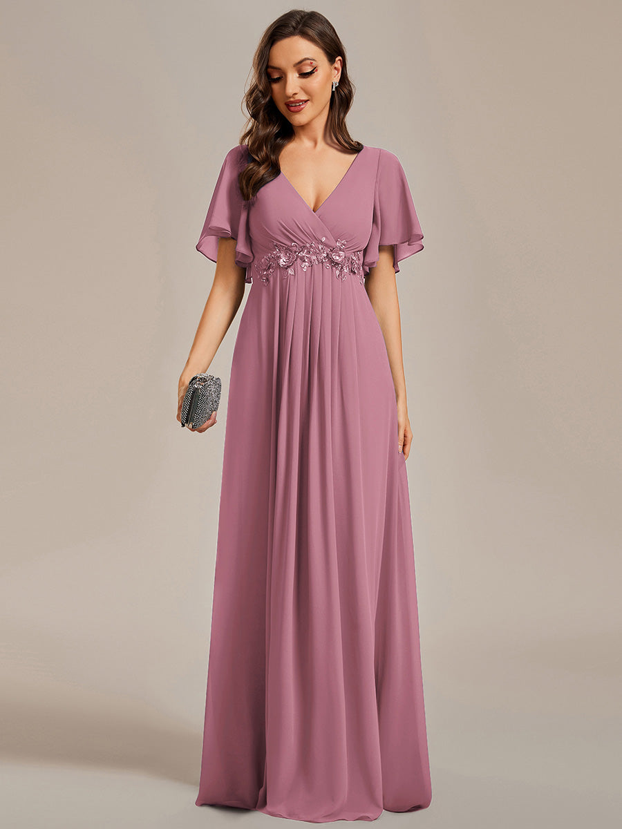 Funkelndes Abendkleid in A-Linie mit Empire-Taille und langen ?rmeln #farbe_Orchideenviolett