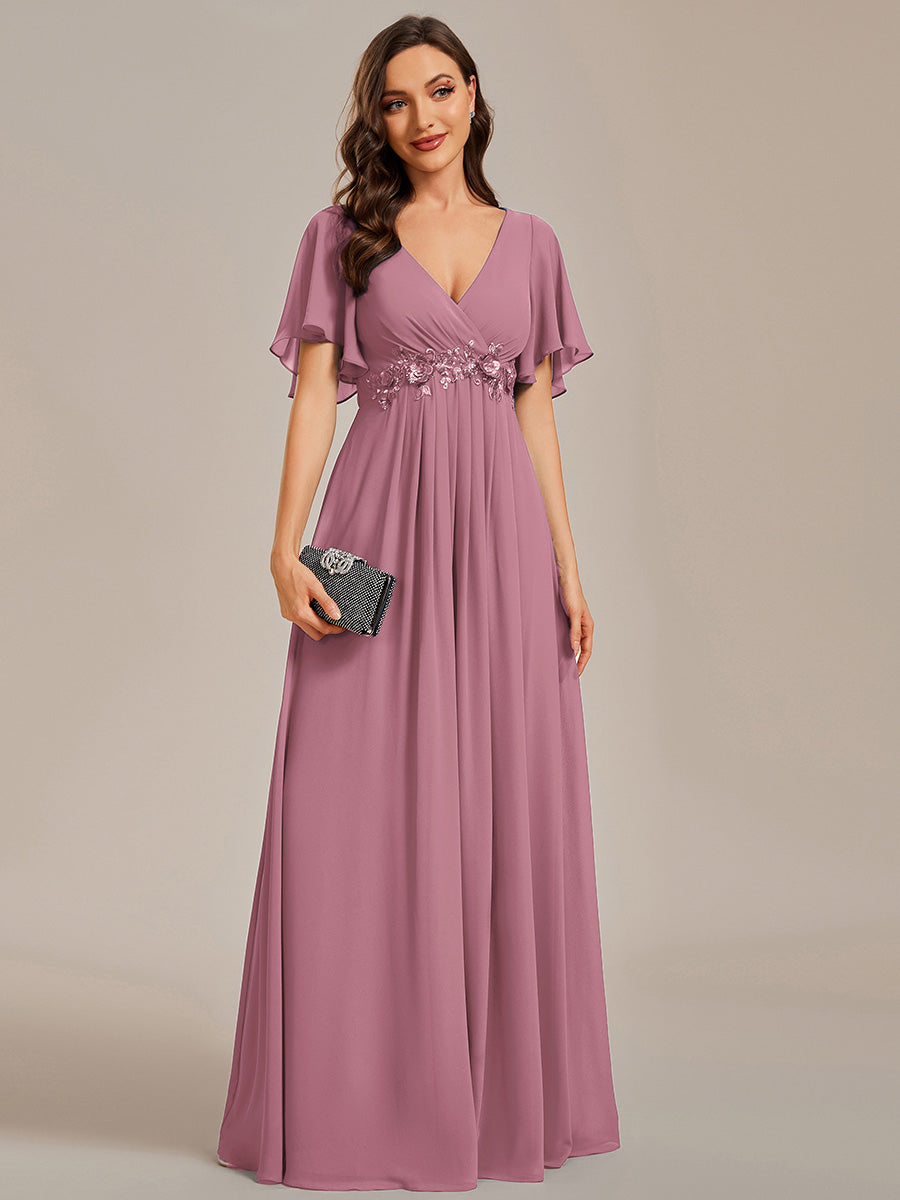 Funkelndes Abendkleid in A-Linie mit Empire-Taille und langen ?rmeln #farbe_Orchideenviolett