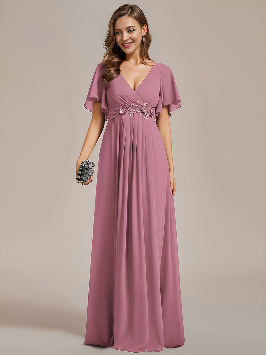 Funkelndes Abendkleid in A-Linie mit Empire-Taille und langen ?rmeln #farbe_Orchideenviolett