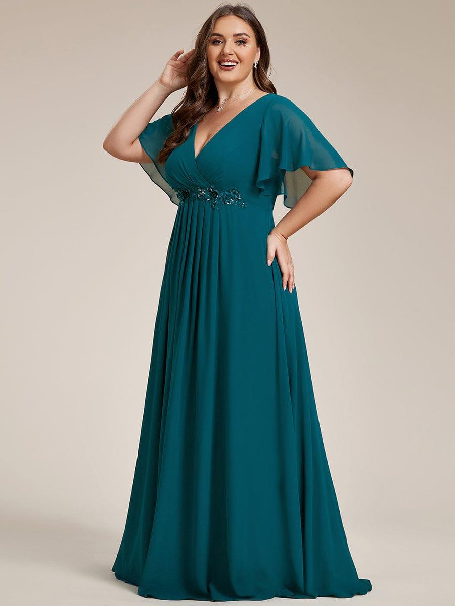 Funkelndes Abendkleid in A-Linie mit Empire-Taille und langen ?rmeln #farbe_Teal
