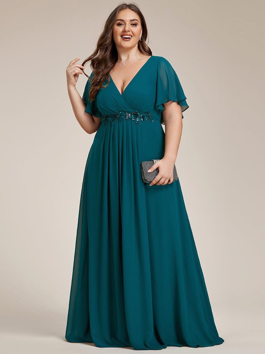Funkelndes Abendkleid in A-Linie mit Empire-Taille und langen ?rmeln #farbe_Teal