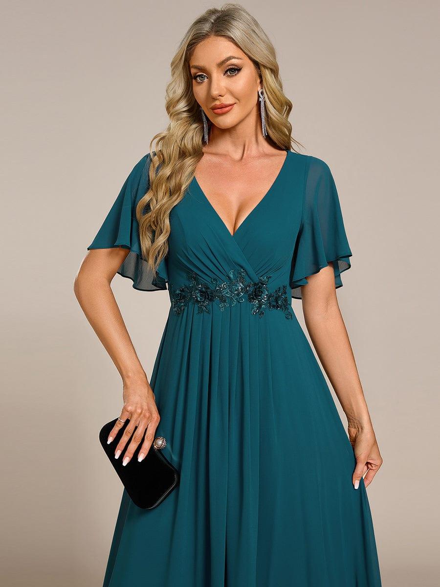 Glitzerndes A-Linien-Abendkleid mit Empire-Taille und langen Laternen?rmeln #farbe_Teal