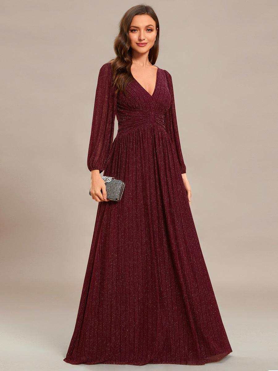 Funkelndes Abendkleid in A-Linie mit Empire-Taille und langen ?rmeln #farbe_Bordeaux