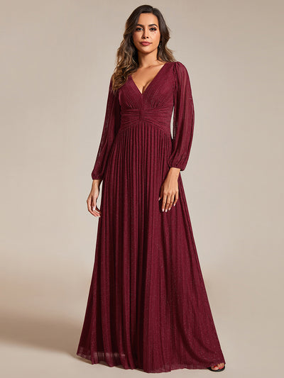 Funkelndes Abendkleid in A-Linie mit Empire-Taille und langen Ärmeln #farbe_Burgunderrot