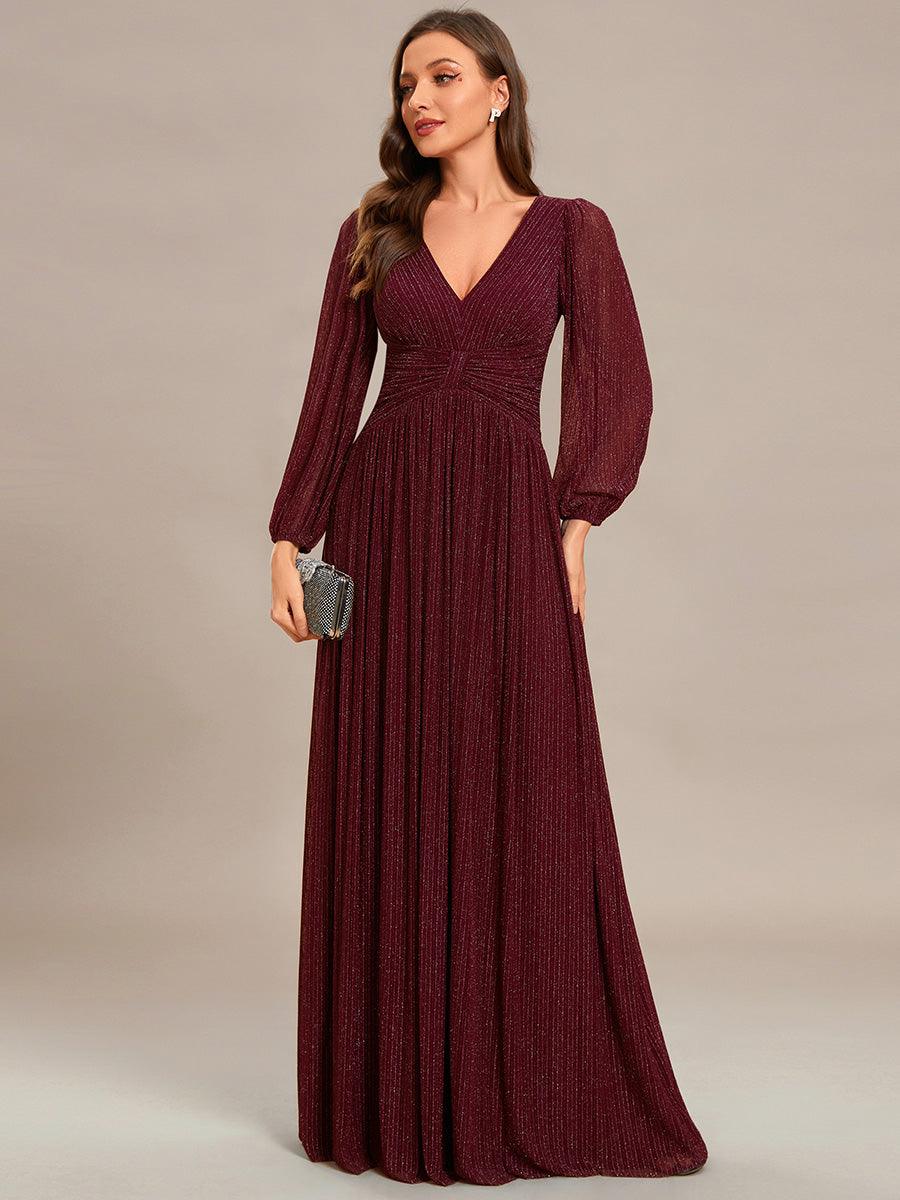 Funkelndes Abendkleid in A-Linie mit Empire-Taille und langen ?rmeln #farbe_Bordeaux
