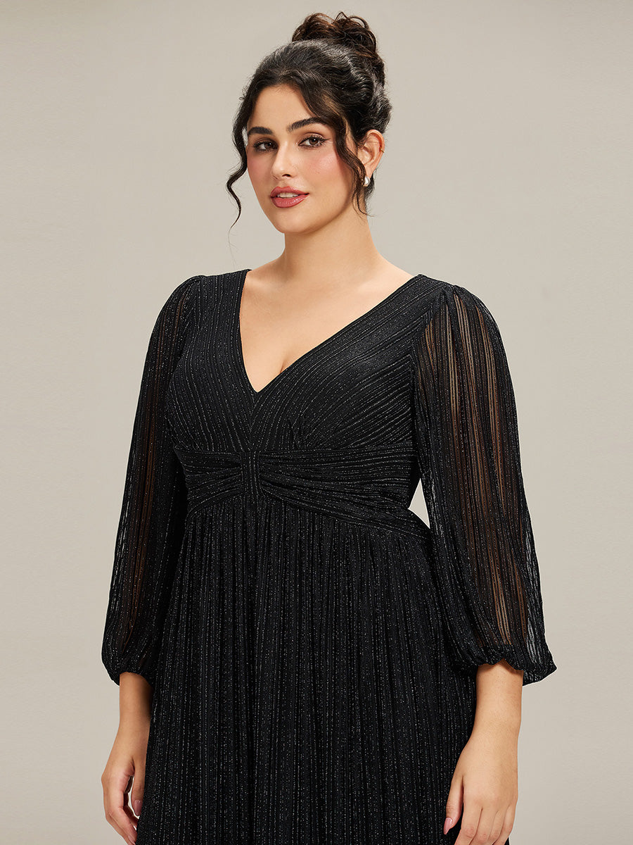 Funkelndes Abendkleid in A-Linie mit Empire-Taille und langen Ärmeln #farbe_Schwarz