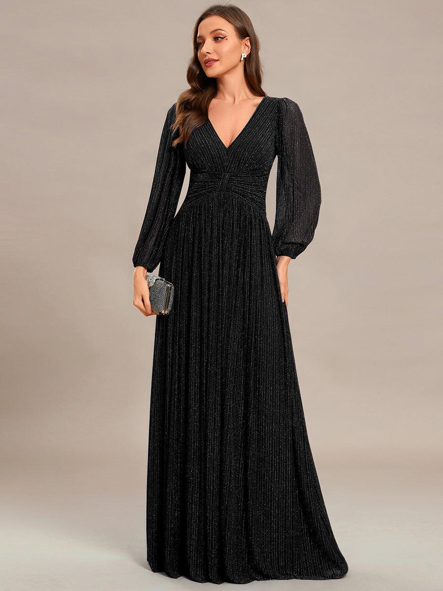 Funkelndes Abendkleid in A-Linie mit Empire-Taille und langen ?rmeln #farbe_Noir