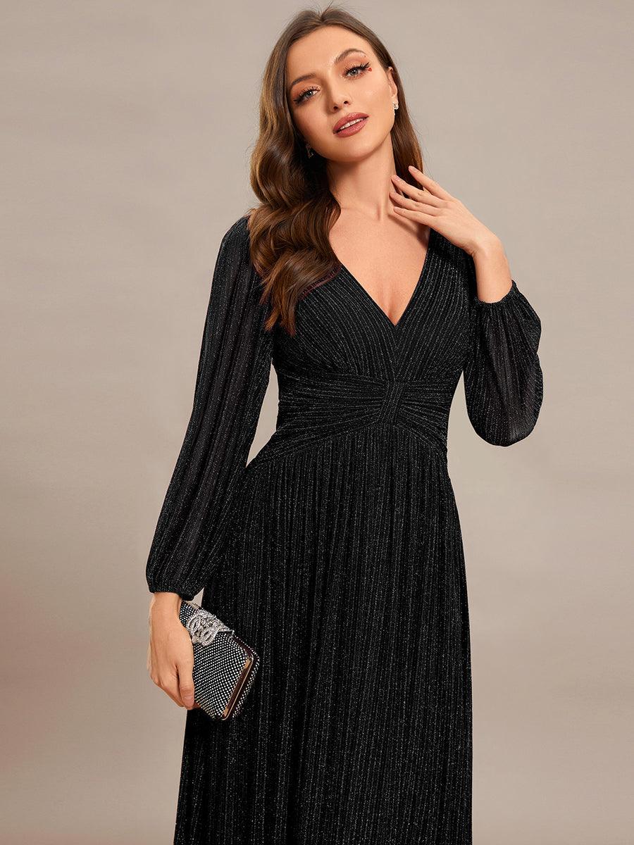 Funkelndes Abendkleid in A-Linie mit Empire-Taille und langen ?rmeln #farbe_Noir