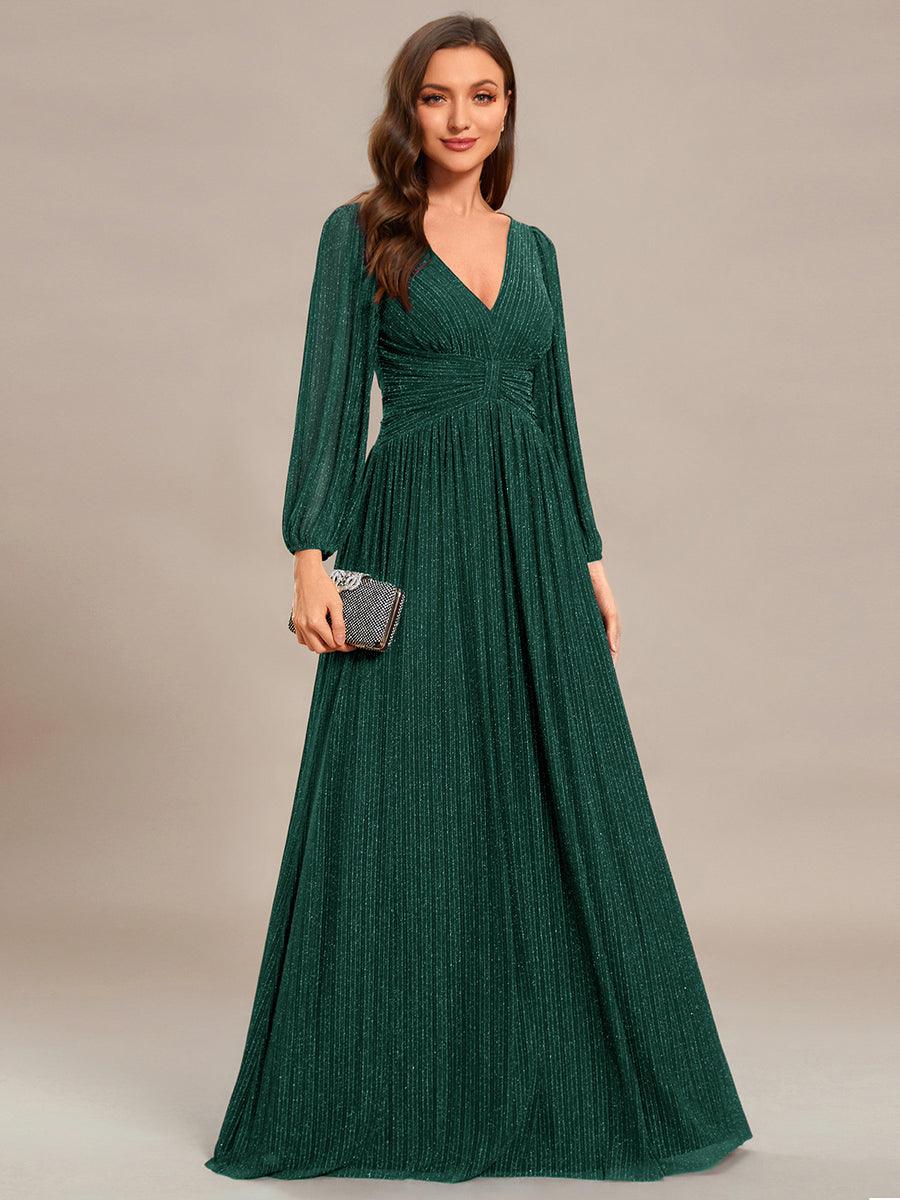 Funkelndes Abendkleid in A-Linie mit Empire-Taille und langen ?rmeln #farbe_Vert Fonce