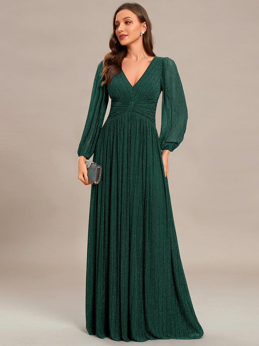 Funkelndes Abendkleid in A-Linie mit Empire-Taille und langen ?rmeln #farbe_Vert Fonce