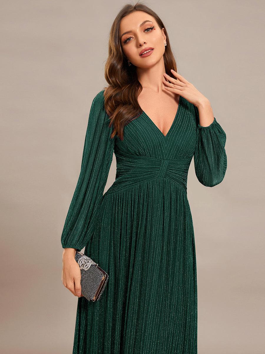 Funkelndes Abendkleid in A-Linie mit Empire-Taille und langen ?rmeln #farbe_Vert Fonce