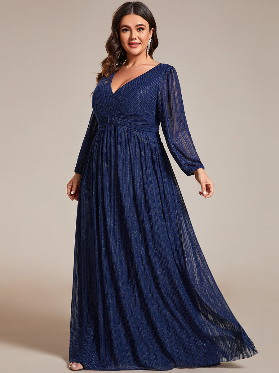 Funkelndes Abendkleid in A-Linie mit Empire-Taille und langen Ärmeln #farbe_Marineblau