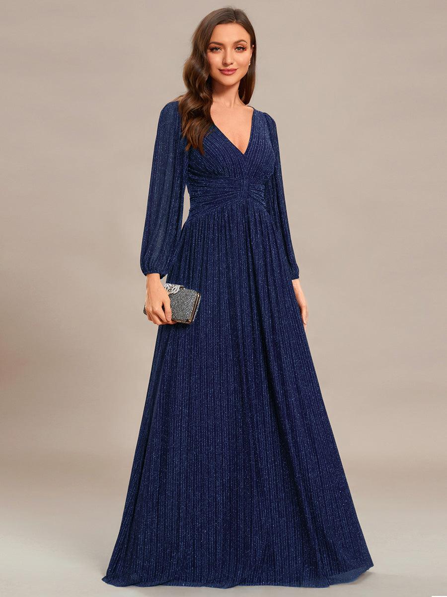 Funkelndes Abendkleid in A-Linie mit Empire-Taille und langen ?rmeln #farbe_Bleu Marine