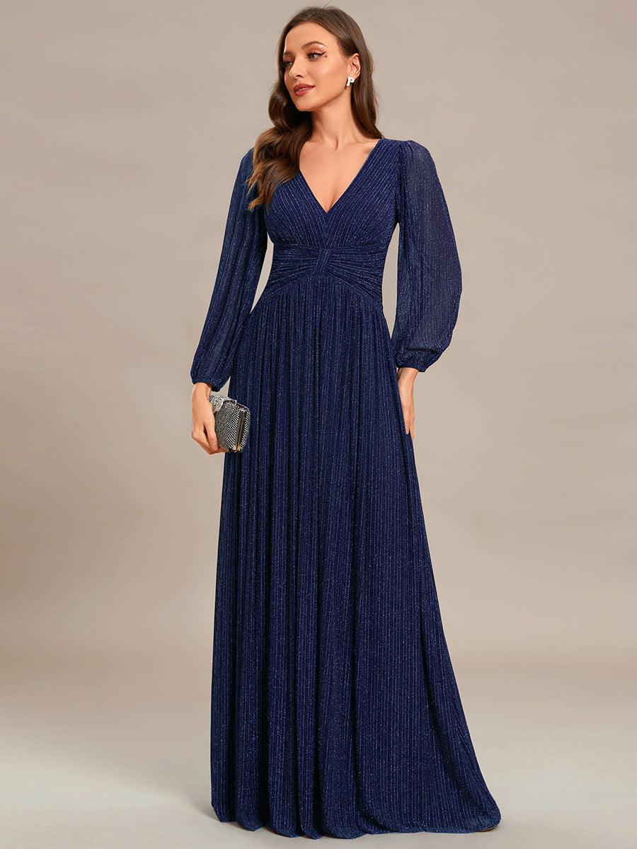 Funkelndes Abendkleid in A-Linie mit Empire-Taille und langen ?rmeln #farbe_Bleu Marine