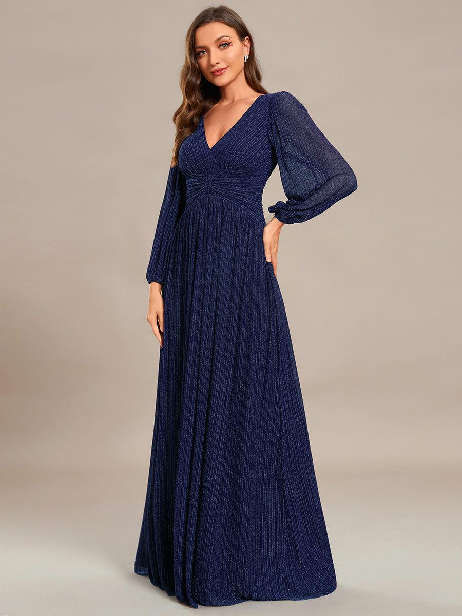Funkelndes Abendkleid in A-Linie mit Empire-Taille und langen ?rmeln #farbe_Bleu Marine