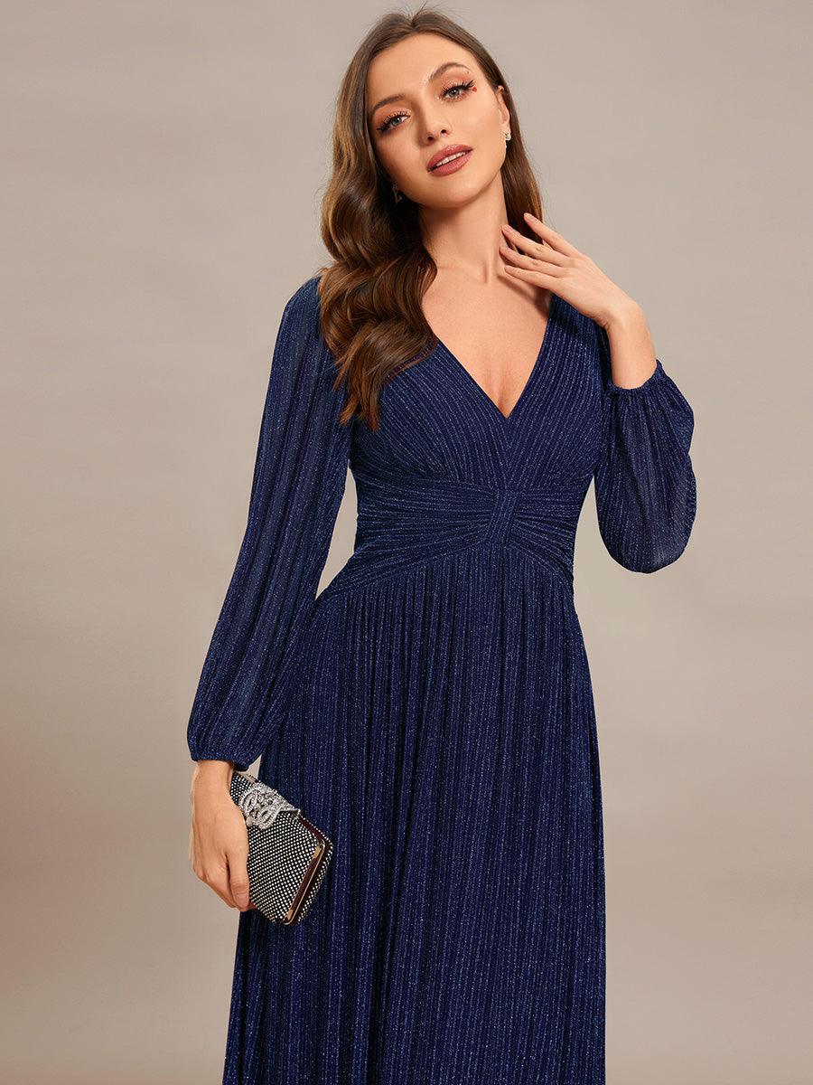 Funkelndes Abendkleid in A-Linie mit Empire-Taille und langen ?rmeln #farbe_Bleu Marine