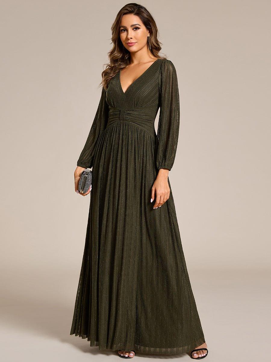 Funkelndes Abendkleid in A-Linie mit Empire-Taille und langen ?rmeln #farbe_Vert Olive