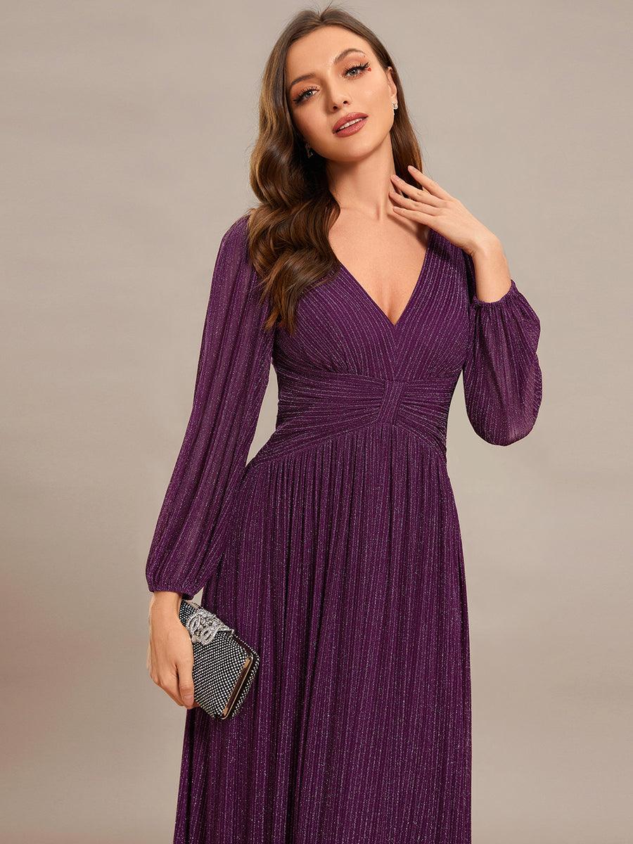 Funkelndes Abendkleid in A-Linie mit Empire-Taille und langen ?rmeln #farbe_Lila Glyzinien