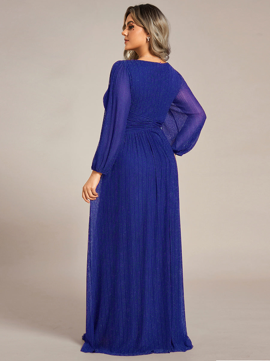 Funkelndes Abendkleid in A-Linie mit Empire-Taille und langen Ärmeln #farbe_Saphirblau