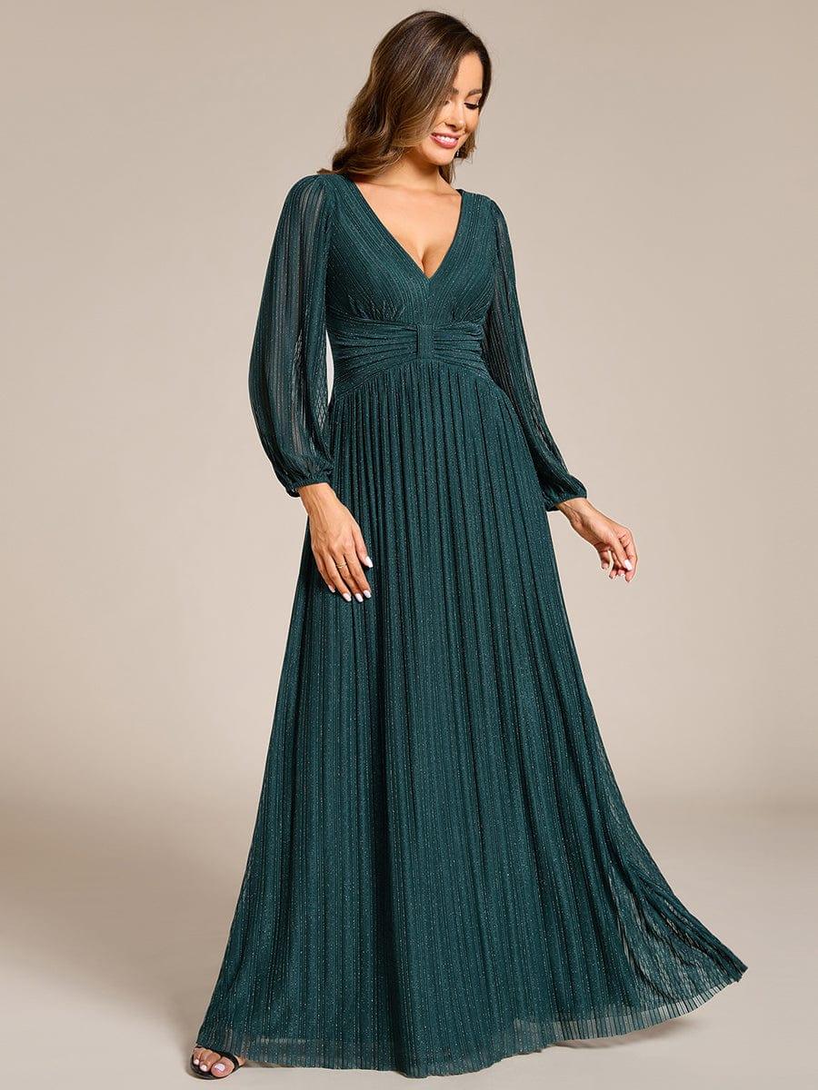 Funkelndes Abendkleid in A-Linie mit Empire-Taille und langen ?rmeln #farbe_Bleu Sarcelle