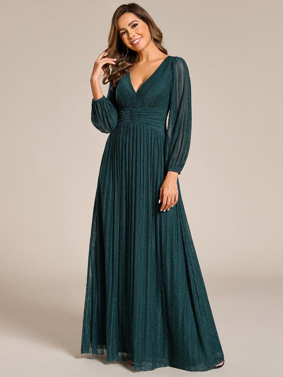 Funkelndes Abendkleid in A-Linie mit Empire-Taille und langen ?rmeln #farbe_Bleu Sarcelle