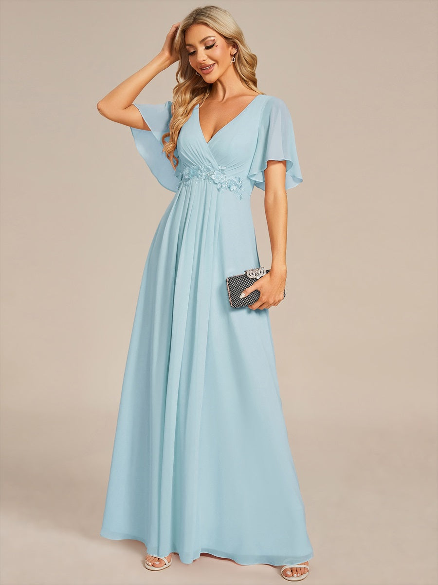 Funkelndes Abendkleid in A-Linie mit Empire-Taille und langen ?rmeln #farbe_Himmelblau