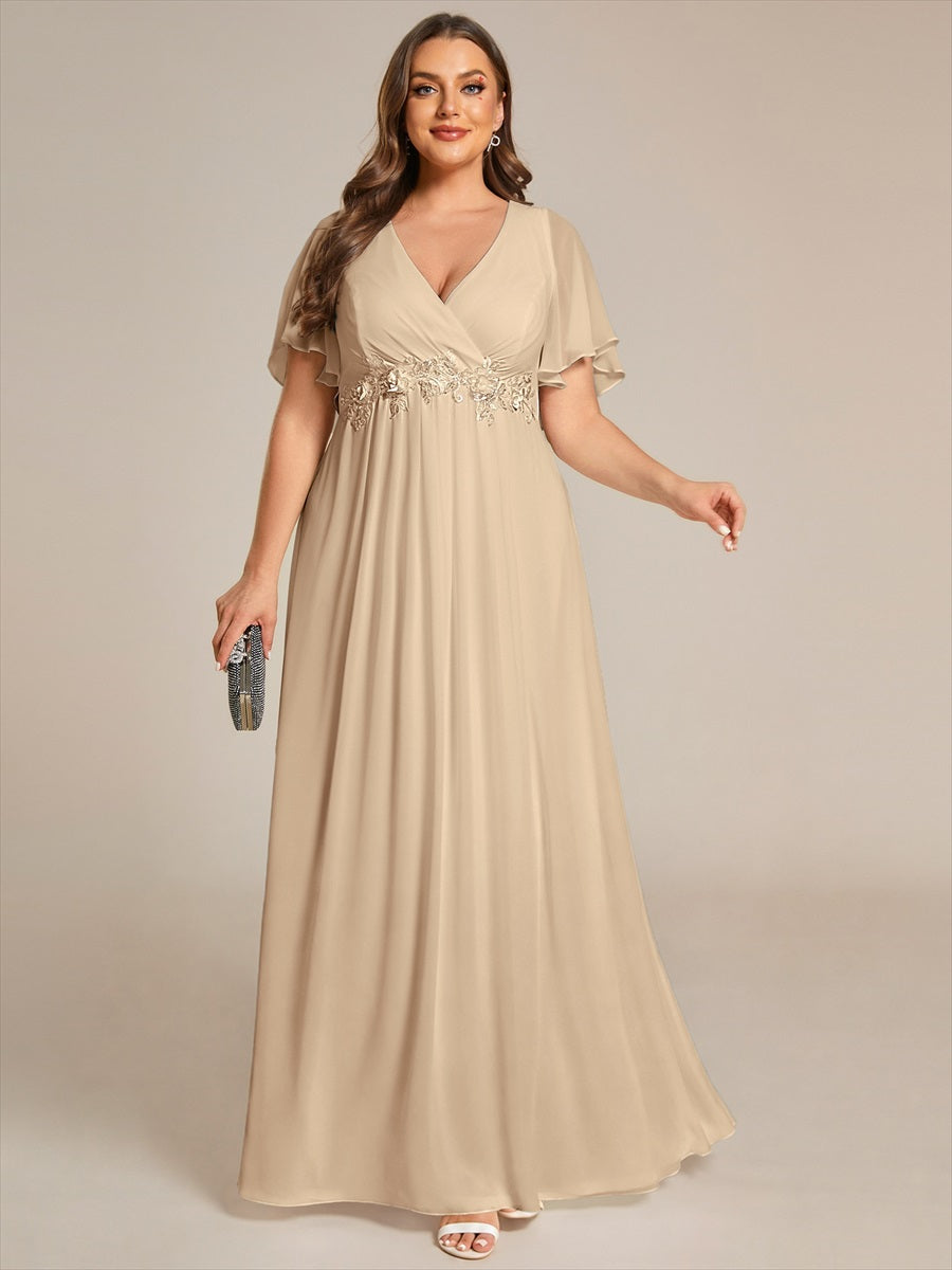 Funkelndes Abendkleid in A-Linie mit Empire-Taille und langen ?rmeln #farbe_Champagner