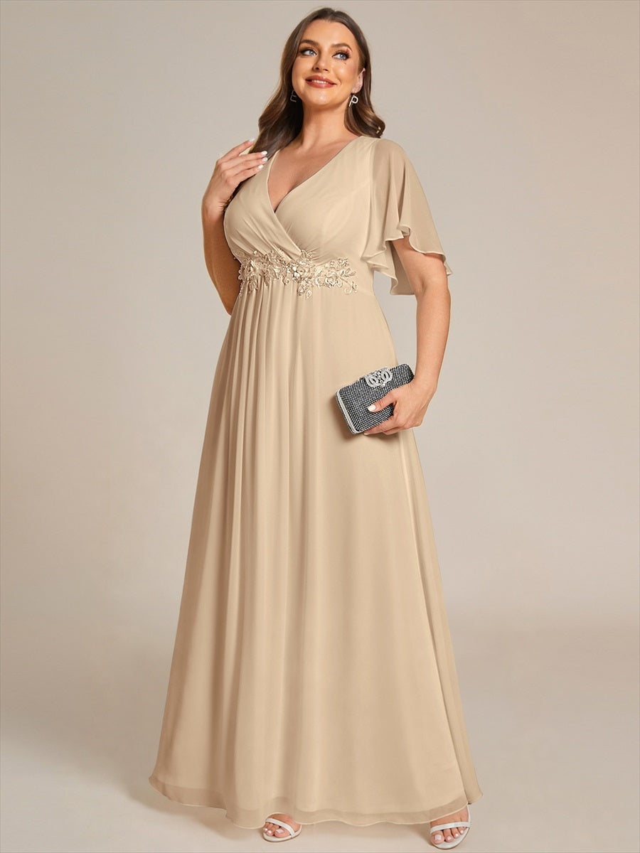 Funkelndes Abendkleid in A-Linie mit Empire-Taille und langen ?rmeln #farbe_Champagner